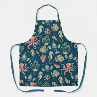 Onderwater wezens op blauw schort