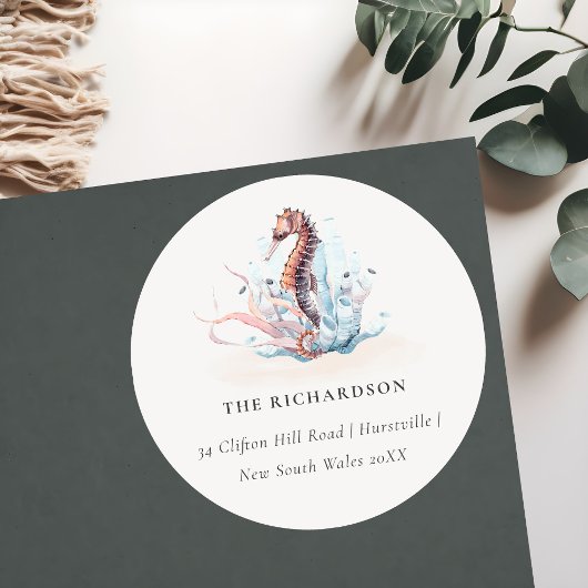 Onderwater Zeepaardje Zeewier Koraal Adres Ronde Sticker