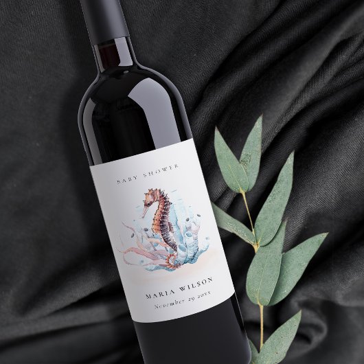Onderwater Zeepaardje Zeewier Koraal Baby Shower Wijn Etiket