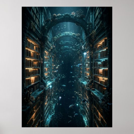 Onderwaterbibliotheek Fantasie Kunst Poster (Voorkant)