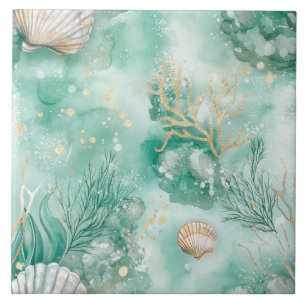 Onderwaterkoraal & Schelpen in Naadloos Teal Tegeltje
