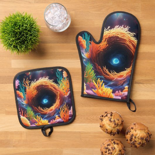 onderwaterkoraalvortex ovenwant & pannenlap set (Top down)