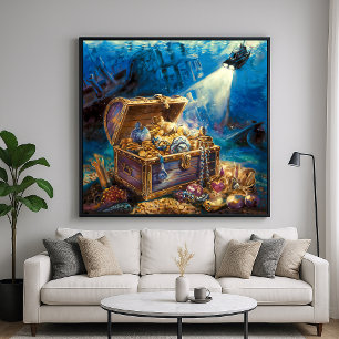 Onderwaterschat - schilderachtige illustratiestijl poster