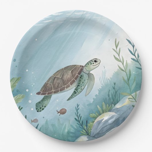 Onderwaterwereld met schildpad papieren bordje (Voorkant)