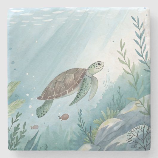 Onderwaterwereld met schildpad stenen onderzetter (Voorkant)