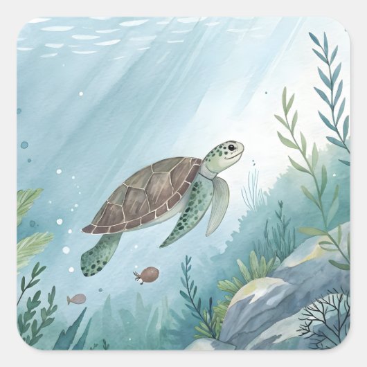 Onderwaterwereld met schildpad vierkante sticker (Voorkant)