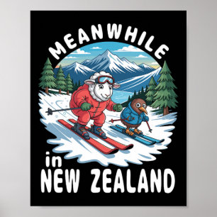 Onderwijl In Nieuw-Zeeland Kiwi Schapen Skiën Wint Poster