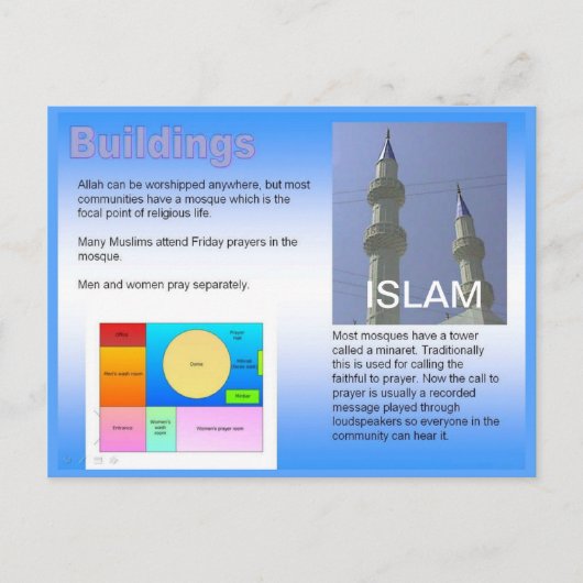 Onderwijs, religie, islam, islamitische gebouwen briefkaart (Voorkant)