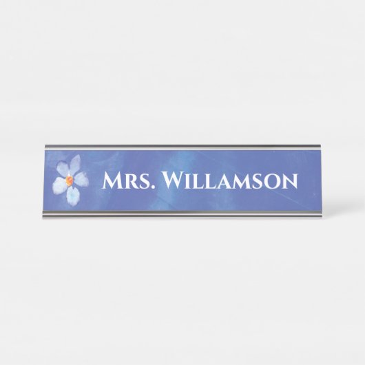 Onderwijsinstructeur Waterverf blauw bloemmonogram Bureau Naambordje (Voorkant)