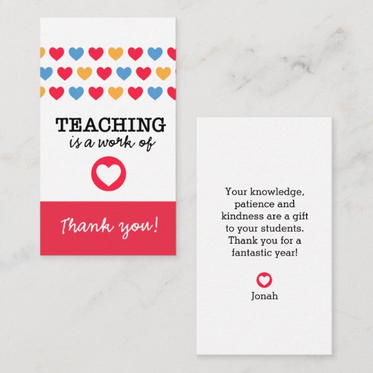 "Onderwijzen is een werk van het hart" Leraar Dank Notitiekaartje (Voorkant / Achterkant)