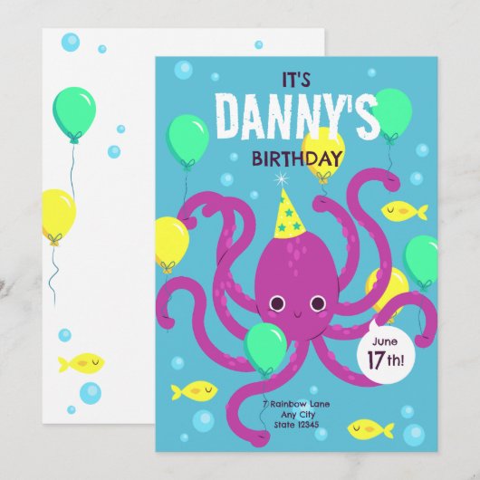 Onderzee uitnodiging, Octopus Verjaardag Kaart (Voorkant / Achterkant)
