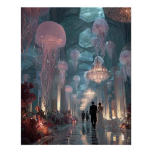 Onderzees Paleis Kwallen Licht Fantasie Kunst Perfect Poster