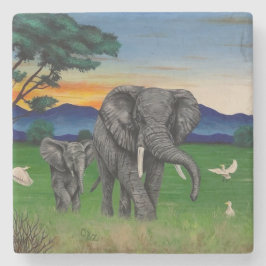 onderzetter "African Sunset" Elephants Mountains