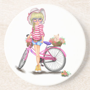 Onderzetter Blonde Girl met roze bike