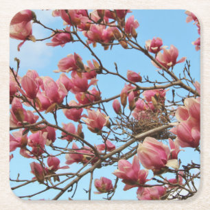 onderzetter met roze bloesem, vogelnest
