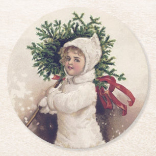 Onderzetter PAPIER : VINTAGE : GIRL + CHRISTMAS TR