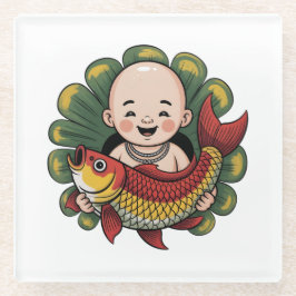 Onderzetter | Schattigee jongen met Lucky Koi Glazen Onderzetter