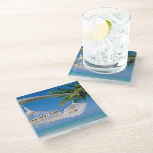 Onderzetter-tropisch strand van glas glazen onderzetter (Schuin)