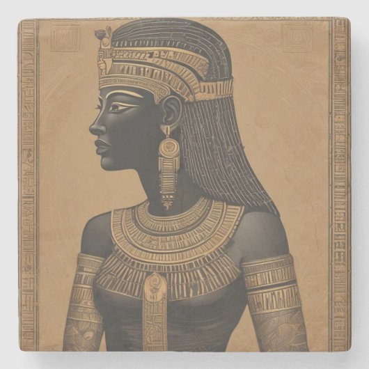 Onderzetter van Koningin Steen. Zwart en Goud. (Voorkant)