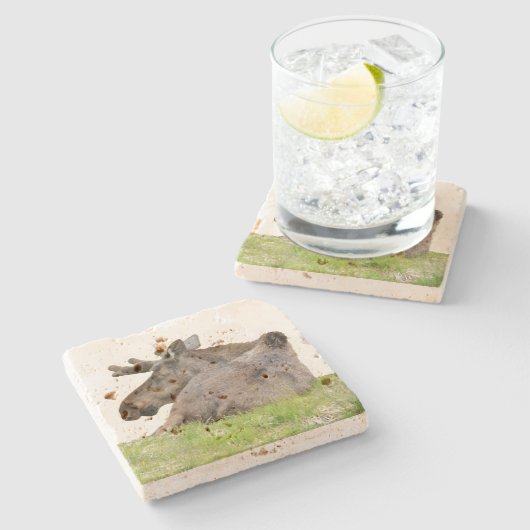 Onderzetter van travertijn met mose (Zijkant)