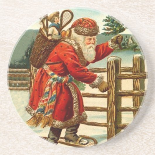 Onderzetter Vintage Kerstman op sneeuwschoenen (Voorkant)