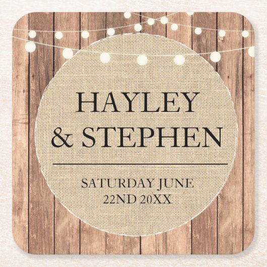 Onderzetters Burlap Lights Rustic Wedding Party (Voorkant)