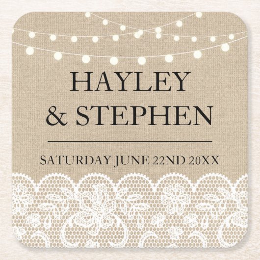 Onderzetters Burlap Lights Rustic Wedding Party (Voorkant)