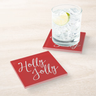 Onderzetters van kerstglas Red Holly Jolly
