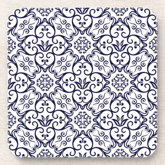 Onderzetters van Navy Blue en White Damask Cork (Voorkant)
