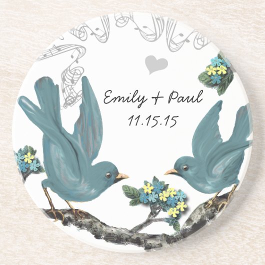 Onderzetters van poolblauwe en gele  Tortelduifjes (Voorkant)