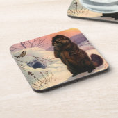 Onderzetters Winter Wildlife Chickadee bird & Beav (Linkerzijde)