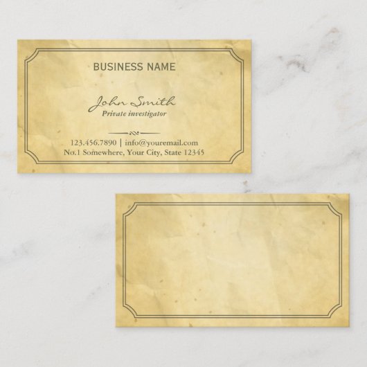 Onderzoeker  geconfectioneerde oude papieren textu visitekaartje (Voorkant / Achterkant)