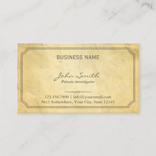 Onderzoeker  geconfectioneerde oude papieren textu visitekaartje (Voorkant)
