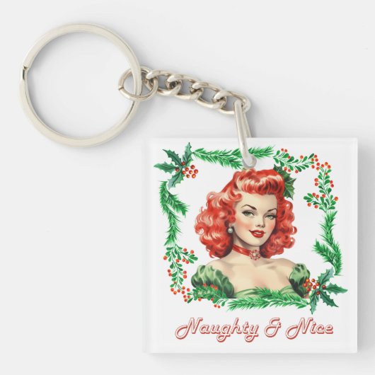 Ondeugend & Mooi Retro Kerstmis Pinup Sleutelhanger (Voorkant)