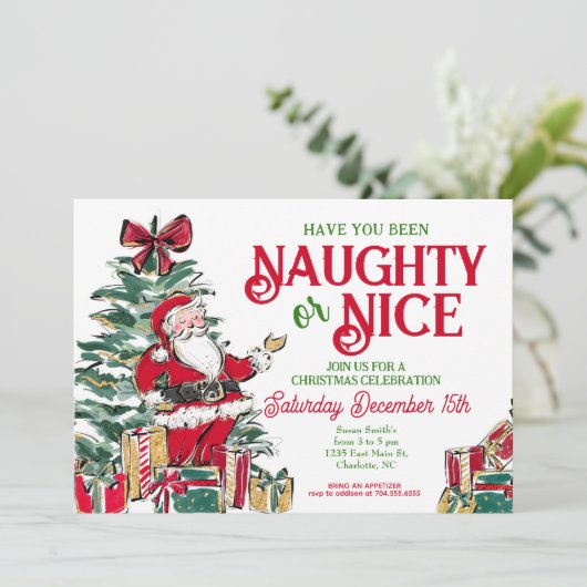 Ondeugend of mooi kerstfeest uitnodigen kaart (Staand voorkant)