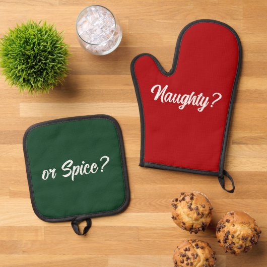 Ondeugend of Spice Grappig Kerstcadeau Rood Groen Ovenwant & Pannenlap Set (Top down)