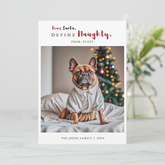 Ondeugende Grappige Hond Foto Kalligrafie Kerstmis Feestdagenkaart (Staand voorkant)