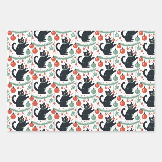 Ondeugende Kerstkat met Ornamenten Inpakpapier Vel (Voorkant)