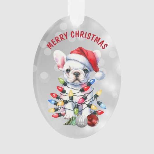 Ondeugende witte Franse Bulldog in decoraties (voorkant)