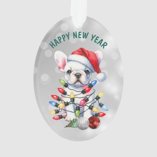Ondeugende witte Franse Bulldog in decoraties (achterkant)