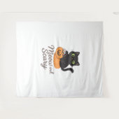 Ondeugende zwarte kat met gloeiende groene ogen op wandkleed (Voorkant (horizontaal))