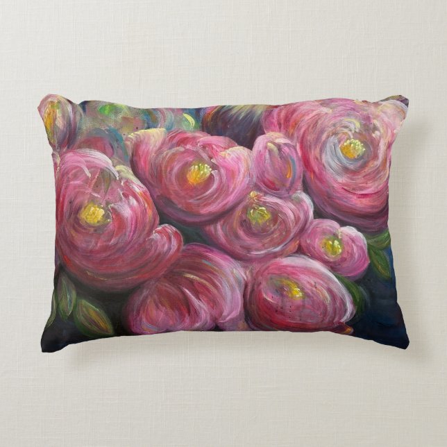 Ondoorgrondelijke roze bloemschildering accent kussen (Voorkant)