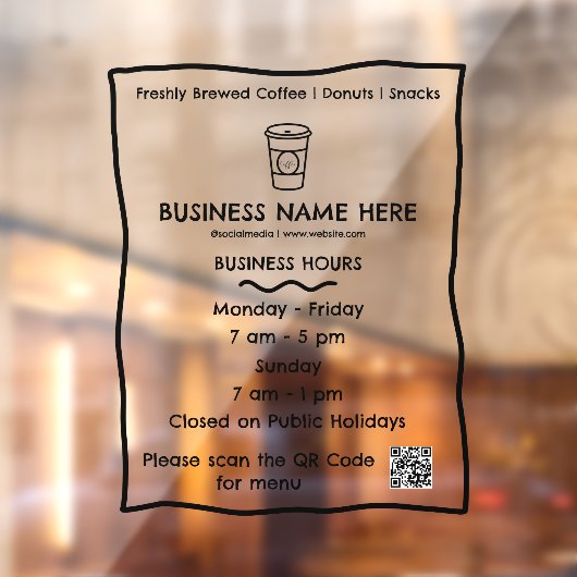 Ondoorzichtig Café Koffiezaak QR-code Openingstijd Raamsticker (Vel 2)