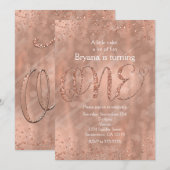 ONE 1st Birthday Faux Roos Gold Glitter Invitation Kaart (Voorkant / Achterkant)
