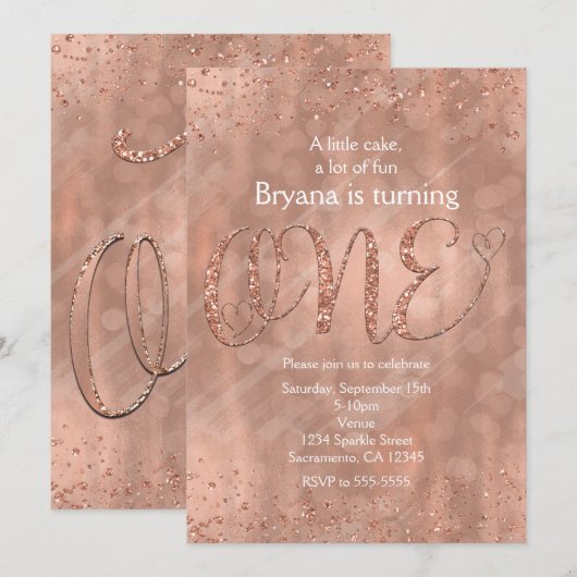 ONE 1st Birthday Faux Roos Gold Glitter Invitation Kaart (Voorkant / Achterkant)