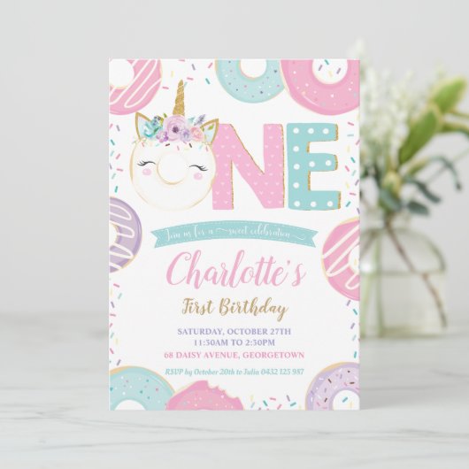 ONE 1st Birthday Unicorn Donuts Doughnoten Pastel Kaart (Staand voorkant)