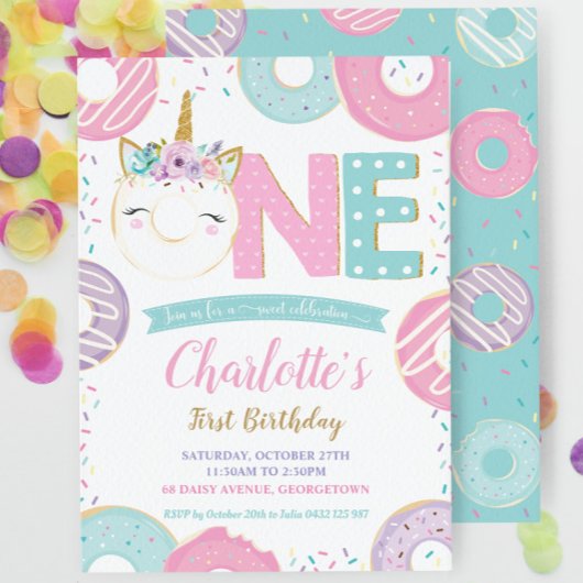 ONE 1st Birthday Unicorn Donuts Doughnoten Pastel Kaart