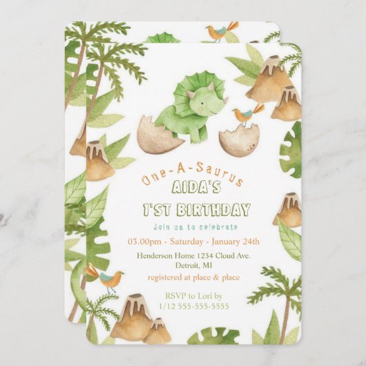 One-A-Saurur dinosaurus Eerste verjaardag uitnodig Kaart (Voorkant / Achterkant)