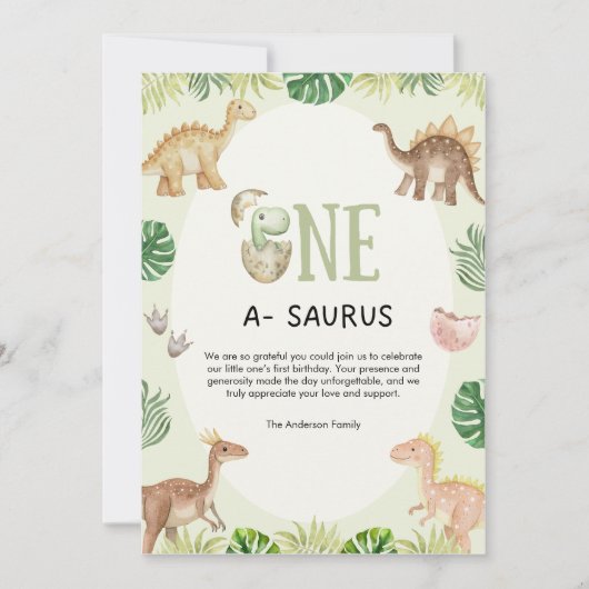 One a Saurus 1e verjaardag Dank u fotokaart Bedankkaart (Voorkant)