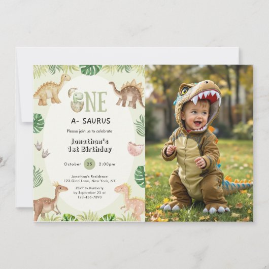One A-Saurus 1st Birthday Photo Invitation Kaart (Voorkant)